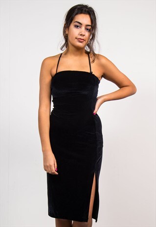 VINTAGE 90'S NAVY PATTERNED VELVET BANDEAU MIDI DRESS