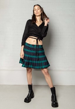 Green and black checked tartan flared kilt skirt