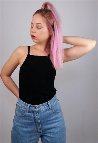 VINTAGE 90'S RIBBED SOFT KNIT TOP IN BLACK