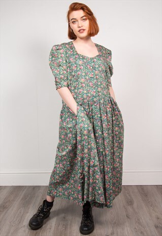 VINTAGE 90'S GREEN FLORAL MIDI DRESS