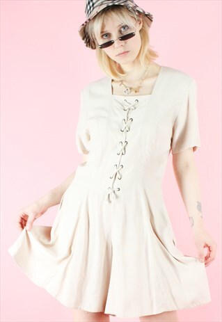 VINTAGE 90S PLAYSUIT JUMPSUIT BEIGE LACE DETAIL