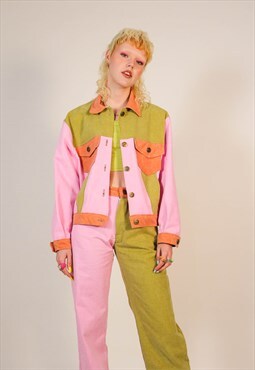 Pink & Green Colour Block Denim Jacket