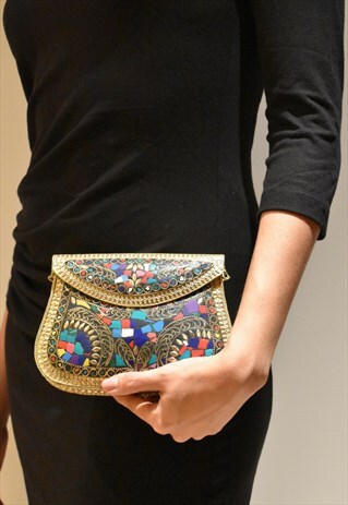 MULTICOLOUR MOSAIC TILE & GOLD METAL CROSS BODY BAG