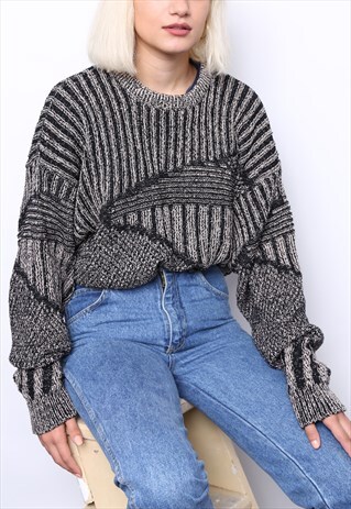 VINTAGE 80S BROWN BLACK SILK KNIT JUMPER