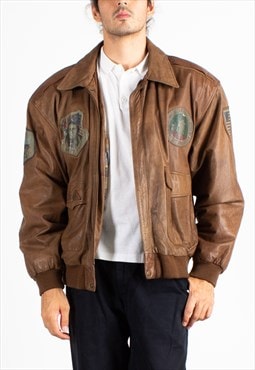 Men's Scooter Brown Leather Patches Aviator Jacket