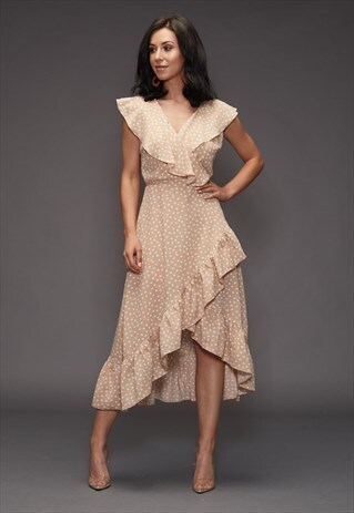 ALIYA POLKA DOT WRAP DRESS BEIGE