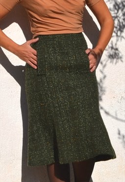 Vintage green wool tweed midi skirt