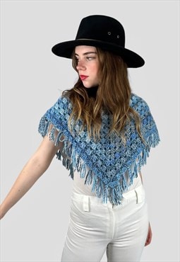 70's Vintage Ladies Cape Blue Wool Tassel Top Poncho
