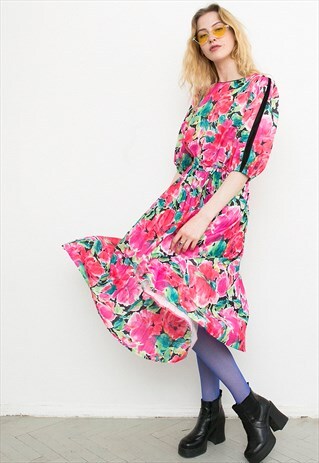 VINTAGE MIDI PLEATED FLORAL ACCORDION DRESS