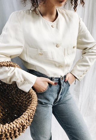 VINTAGE 80S CREAM WHITE MOD BOHEME PARISIAN BLAZER JACKET