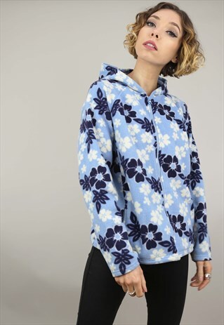 VINTAGE 90S OLD NAVY ZIP UP FLEECE HOODIE BLUE FLORAL