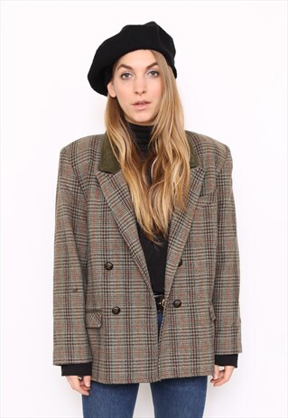 VINTAGE 80S BROWN CHECK WOOL BLAZER