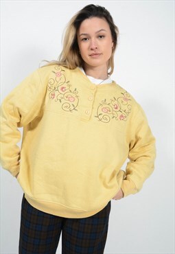 Vintage 90s Sweatshirt Yellow Floral Embroidery