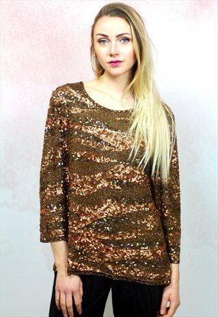 1980S VINTAGE BRONZE SEQIUN EMBELLISHED SILK TOP