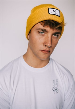 YELLOW MUSTARD BEANIE HAT WITH 'OI' PATCH