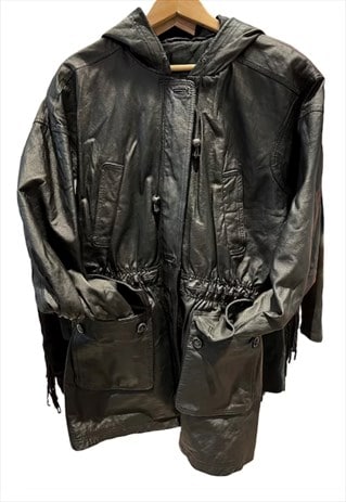 BRIT POP 70S 90S BLACK LEATHER PARKA COAT 