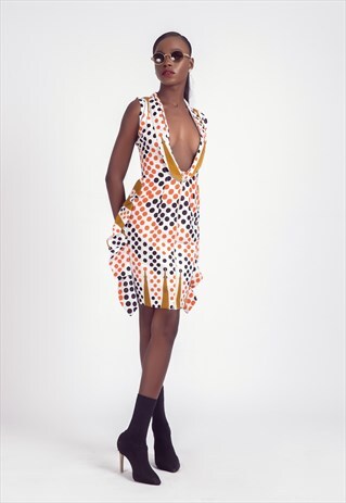 LOW CUT MULTI-COLORED POLKA DOT YOLANDA DRESS WITH RUFFLES
