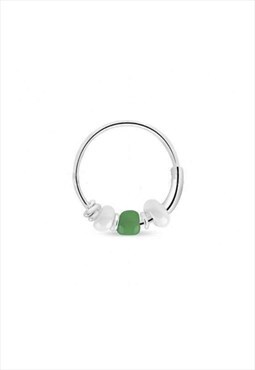Sterling Silver Hoop With Green and White Beads Unisex