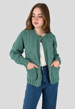 70's Hand Knitted Chunky Wool Green Ladies Cardigan