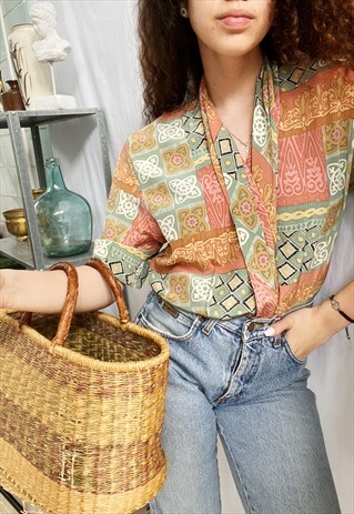 VINTAGE 80S LUXE ART NOUVEAU PRINT BOHEME BLOUSE TOP