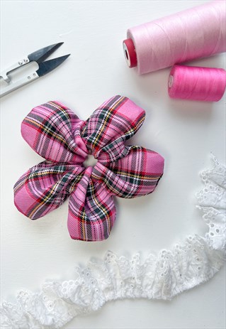 PINK TARTAN FLOWER SCRUNCHIE