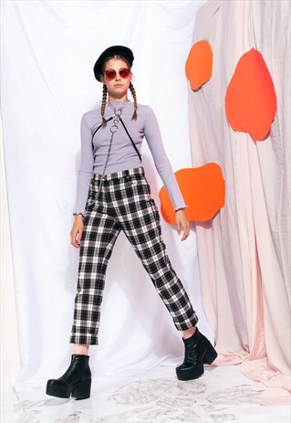 VINTAGE PLAID TROUSERS 90S GRUNGE CHECKED HIGH WAISTED PANTS