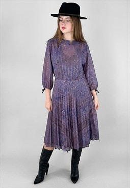 70's Vintage Purple Grey Golden Gate Pleated Paisley Dress