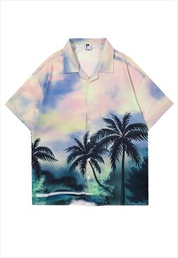 Palm tree print shirt retro tropical graphic top pastel blue