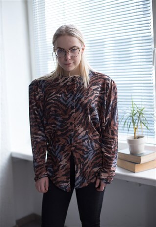 VINTAGE 80'S BROWN ANIMAL PRINT SHIMMERING BLOUSE