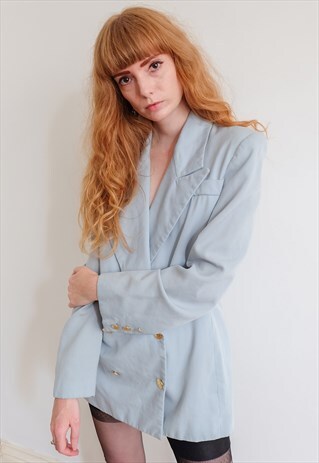 VINTAGE 70S 80S BABY BLUE DOUBLE BREASTED WOOL BLAZER