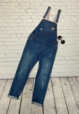 Blue Distressed Style Patch Dungarees Size M