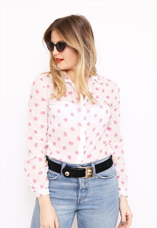 VINTAGE 80S PINK WHITE SPOT COTTON SHIRT BLOUSE
