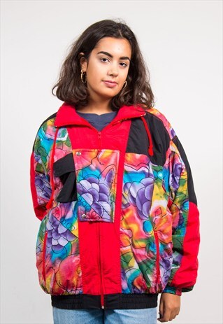 VINTAGE 90'S RED CRAZY PATTERN PUFFA SKI COAT