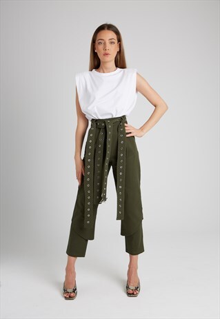 LAYERED PANTS WITH EYELET BELTS