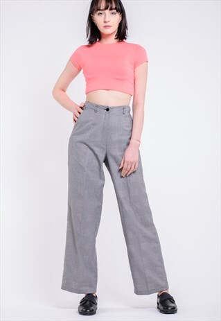 VINTAGE GREY CHECKED HIGH WAIST WIDE LEG RETRO TROUSERS