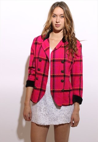 VINTAGE 1980'S 80'S HOT PINK NEON PLAID & VELOUR BLAZER M-L