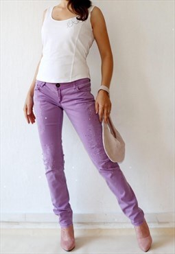 Y2k Vintage Diamante Embellished Low Jeans Pastel Purple