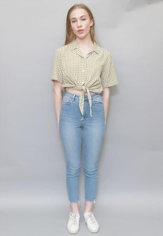 VINTAGE 1990'S OLIVE GREEN TARTAN TIE UP CROP SHIRT