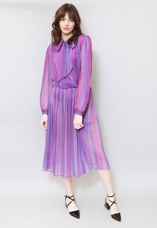 VINTAGE 1970'S PURPLE PUSSY BOW STRIPE PRINT MIDI DRESS