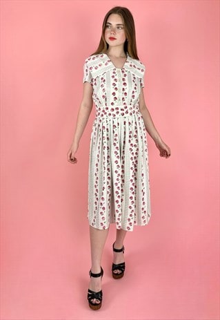 50'S VINTAGE WHITE COTTON FLORAL UNWORN MIDI DRESS