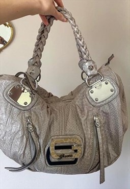 00s Guess Grey/Lilac Snake Print Leather Slouch Shoulder Bag