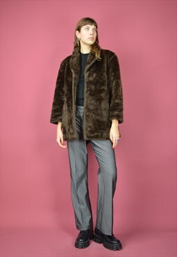 Vintage brown classic 80's faux fur coat jacket