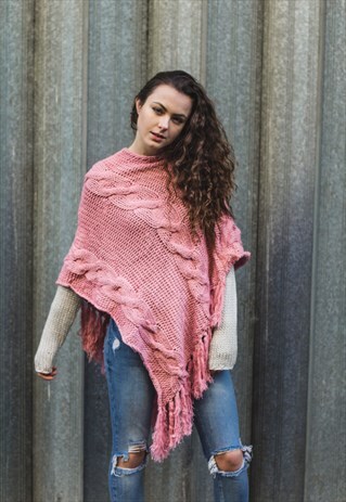 70'S VINTAGE CHUNKY HAND KNITTED PINK PONCHO