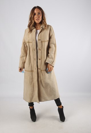 VINTAGE SHEEPSKIN SUEDE SHEARLING COAT LONG UK 12 M (94C)