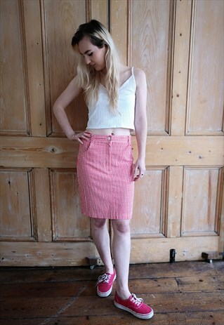 VINTAGE 90'S RED AND WHITE CHECKED MIDI SKIRT