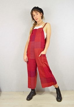 Patterned Dungarees Relaxed Fit 3/4 Length Red Patchwork