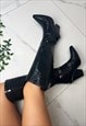 COWBOY BOOTS BLACK WESTERN KNEE COWGIRL BOOTS