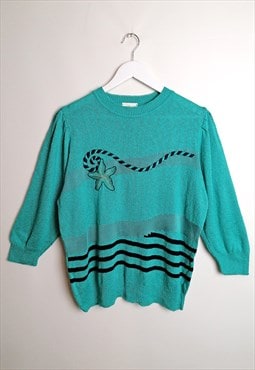 Vintage 80's Embroidery Knit Turquoise Retro Sweater