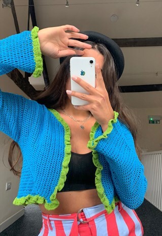 FRILLY FIFI CROCHET CARDIGAN IN BLUE & GREEN
