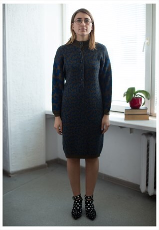 VINTAGE 90'S KHAKI/BLUE KNITTED LONG SLEEVED MIDI DRESS